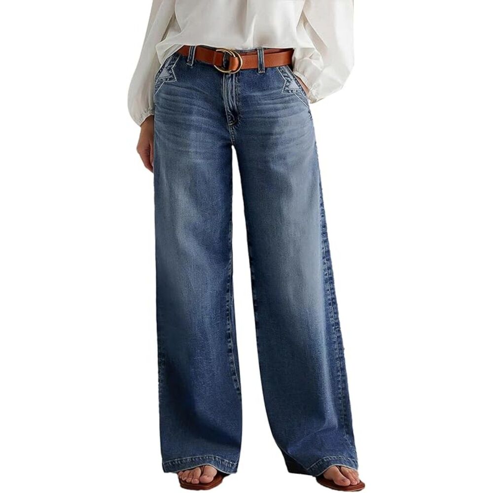 Flamingals Sz 2XL Wide Leg Jeans Mid Waist Baggy Stitch Decor Washed Pants New